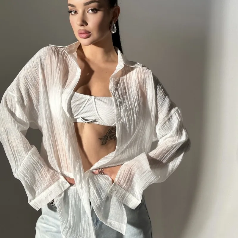 

Летняя женская однотонная стильная удобная рубашка на пуговицах с воротником, повседневная верхняя рубашка, рубашка