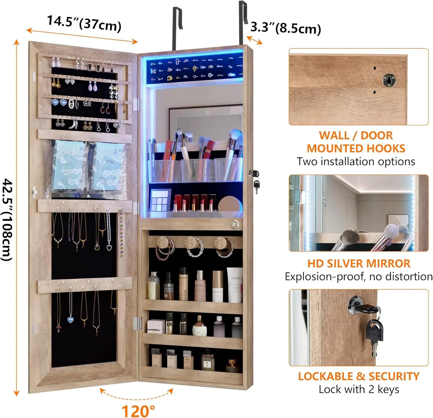 ตู้กระจกเครื่องประดับ vlsrka พร้อมไฟ LED, ติดผนัง/แขวนประตูกระจกเครื่องประดับความยาวเต็มตู้เก็บของที่ล็อคได้, B