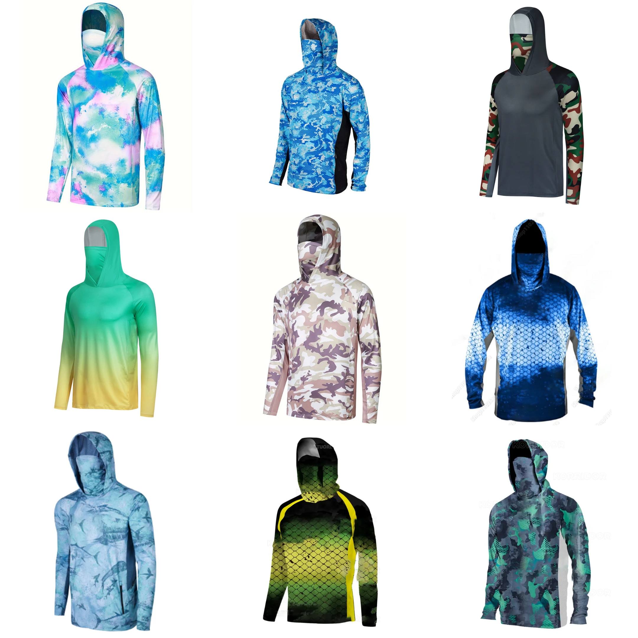 Men UPF50+ Camo Fishing Hoodie With Built-in Face Mask Quick Dry Sun Protection Long Sleeve Outdoor Hiking Cycling Tops