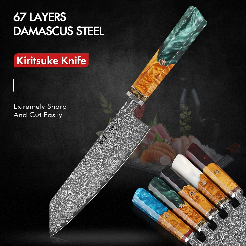 

TURWHO 7-inch Kiritsuke Chef Knife Resin Handle Japanese Hand Forged 67 Layer Real Damascus Steel VG10 Core Kitchen Chef Knives