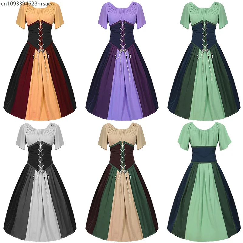 

Costumes Halloween pour femmes,robe trapèze rétro médiévale,couleur contrastée,robe à épaules en un mot