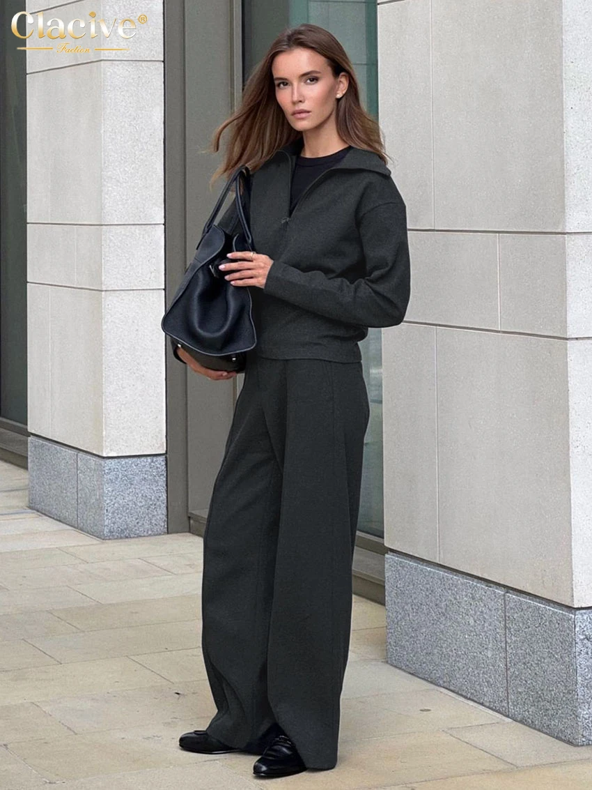 Clacive Fashion Loose Gray 2 Piece Sets Women Outfit 2025 Elegant Long Sleeve Shirt With High Waist Wide Pants Set Streetwear