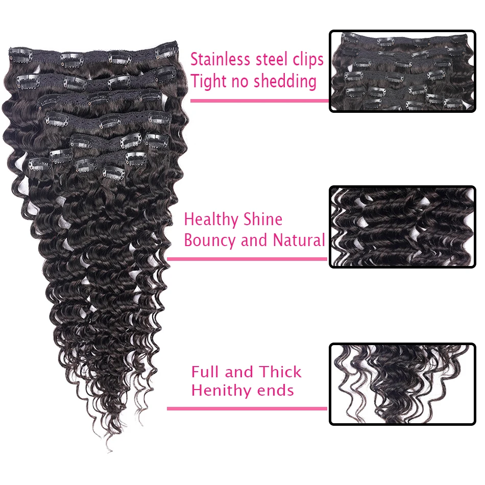 Audelami Deep Wave Clip in Hair Extensions Brazilian Human Hair Deep Curly High Quality Large Clip Hair Extension 160g 10pcs/set