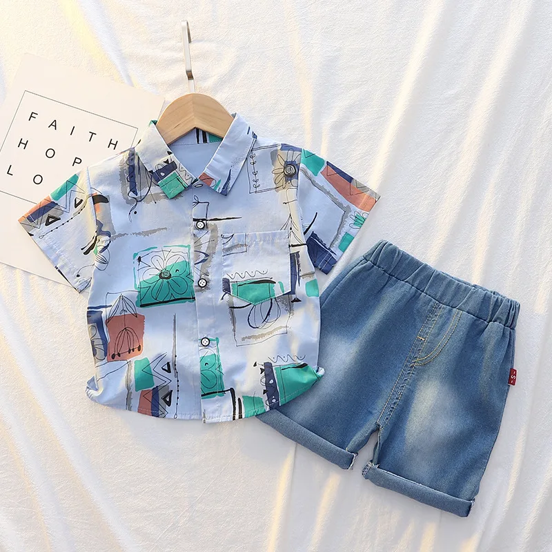 Children's Summer Clothing Toddler Collar Shirt Denim Shorts Two-piece Set 3146