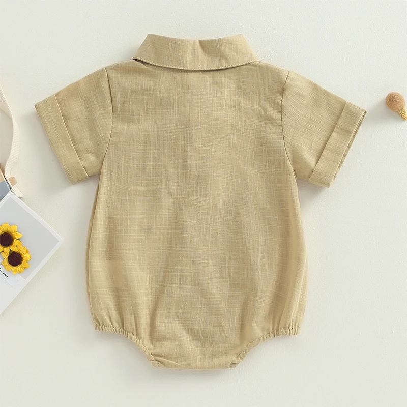 Newborn Baby Boy Cotton Linen Romper Solid Color Lapel Short Sleeve Shirt Romper Button Up Bodysuit with Pocket