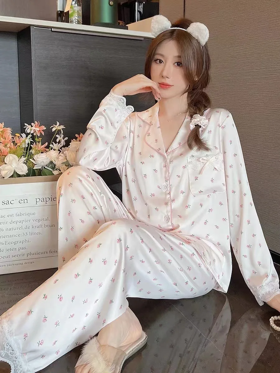 Women\'s Pajamas Sets Spring Autumn 2 Piece Print Pyjama Faux Silk Satin Sleepwear Long Sleeve Button Pijama Mujer Pjs Homewear