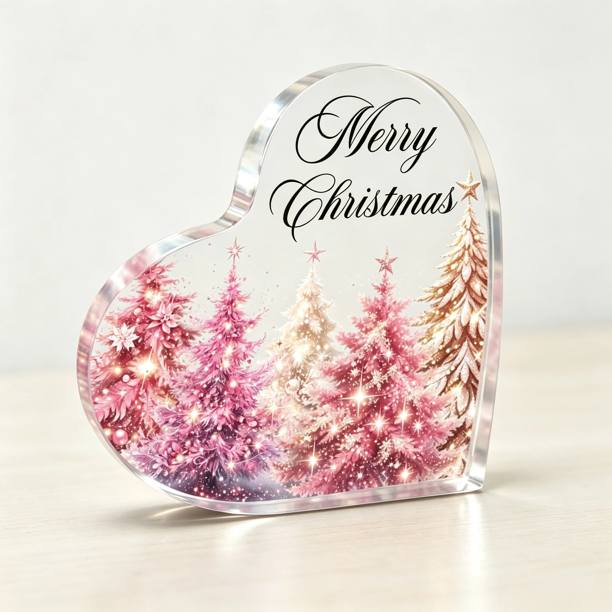 Merry Christmas Heart‑Shaped Acrylic Plaque, Pink Glitter Christmas Tree Table Decor