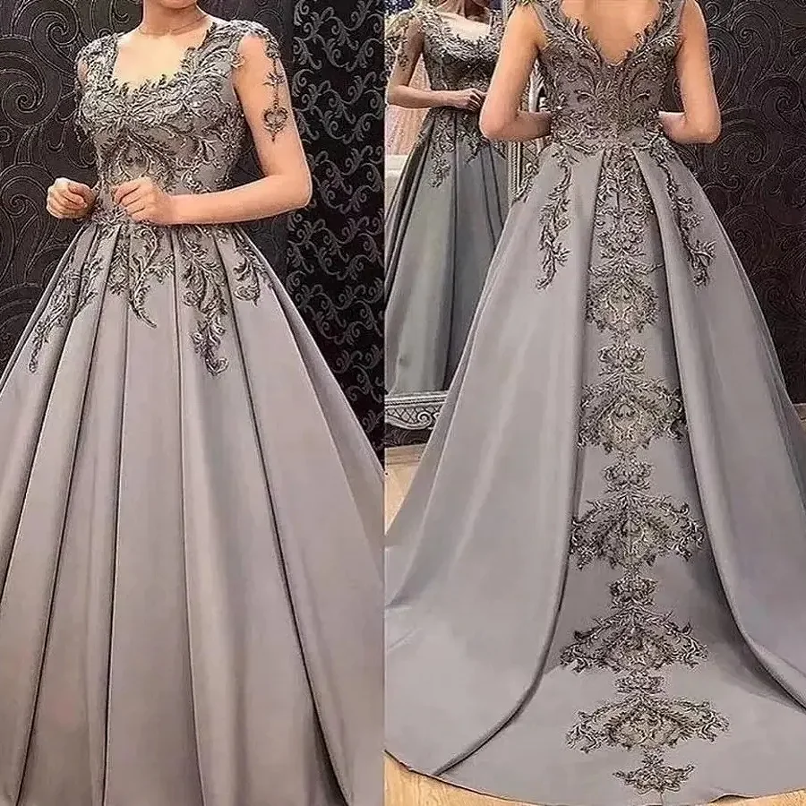 Elegance Grey A-line Mommy Dress Sexy Crepe V-neck Lace Sheer Long Sleeve Pleated Satin Formal Occasion Wedding Ladies Dress