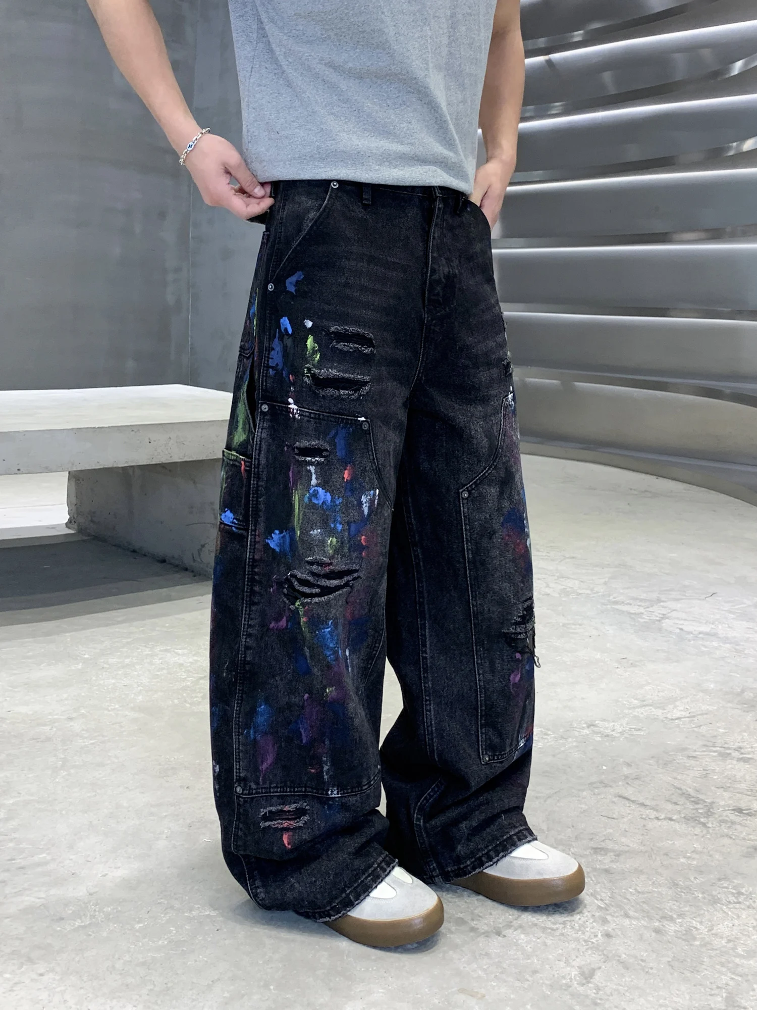 

American Sle Loose Straight Leg Bla Dyeing Men's Jeans fiti Hip Hop Wide Leg Pants Faion Urban Casual Cotton Denim