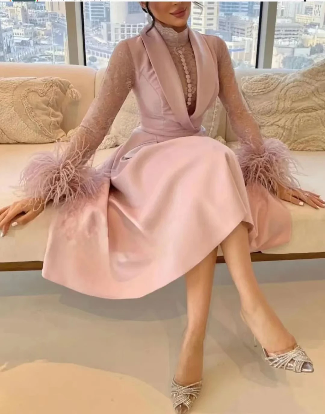 

AsaNagi Pink Tulle Evening Dresses Women High Neck Knee-Length Feathers Party Dress Abendkleid Damen Vestidos Para Mujere 2023