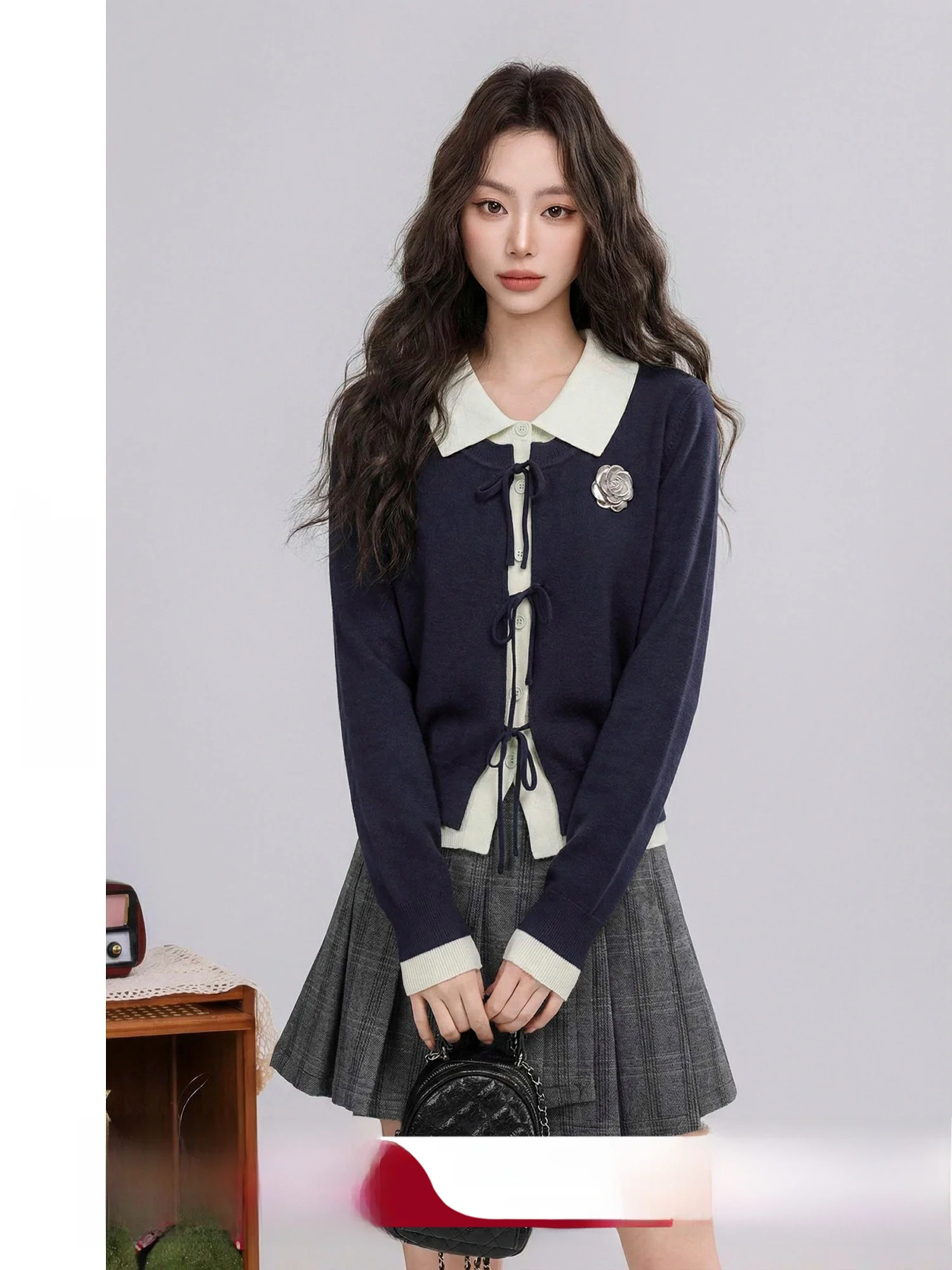 

Korean Sle College Wind Knitted Sweater Women's Fake Two-Piece Spring New Cardigan Soft Polyester Long Sve Collar