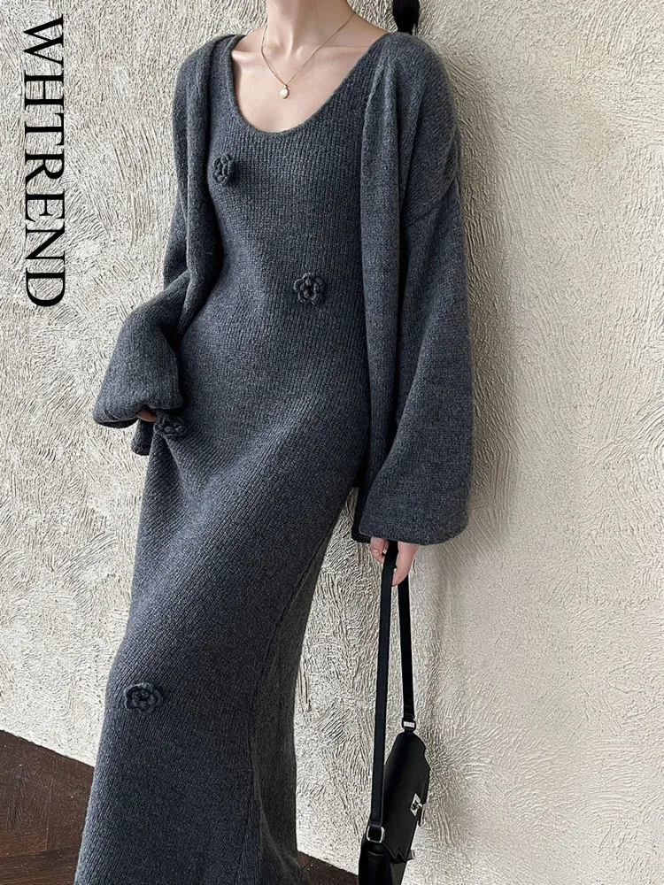 

WHTREND осенне-зимнее модное длинное трехмерное трикотажное платье на бретельках с цветочным принтом + куртка-кардиган женский комплект из двух предметов WH1761