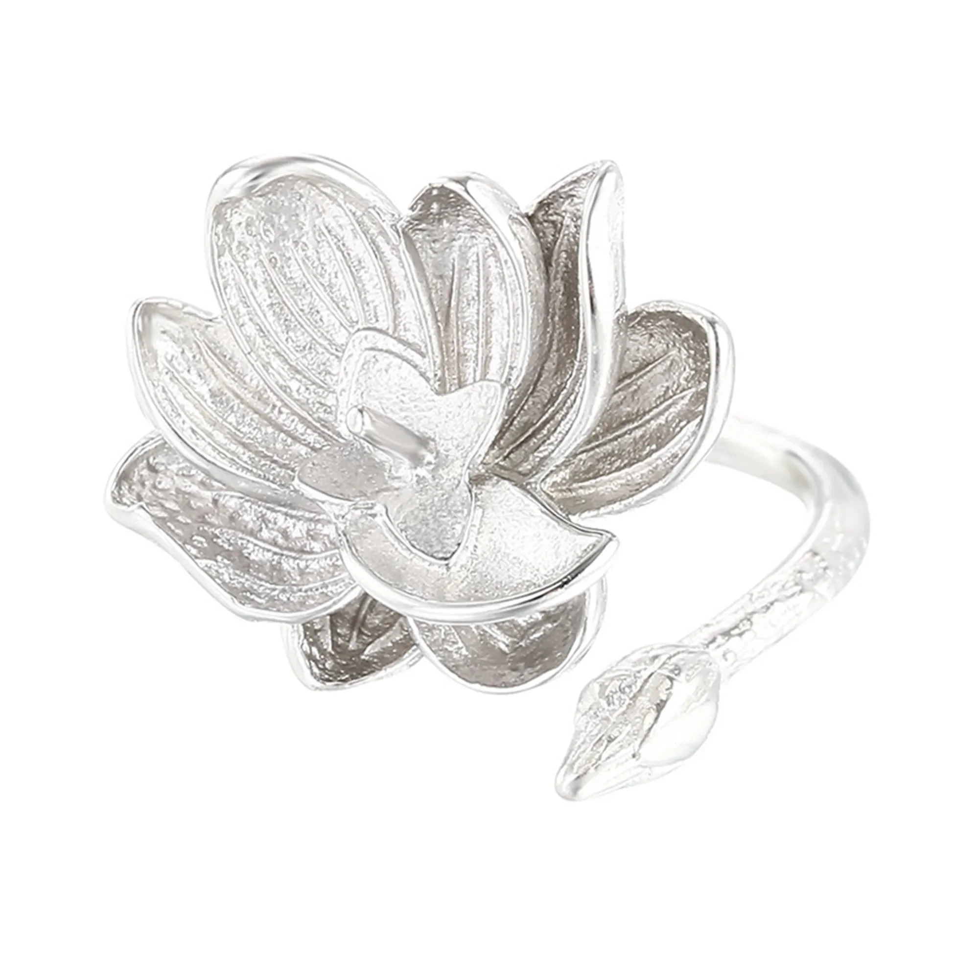 

Ring Setting for 6mm-10mm Round Beads or Pearls White Gold Plated 925 Silver Lotus Shape Adjustable Ring Base