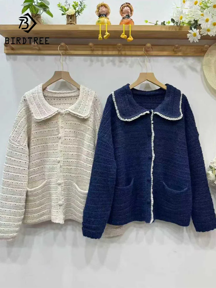 

New 2025 Winter Cotton Blending Sweater, Women Turn-down Collar Hollow-out, Mori Girl Preppy Style Loose Knit Cardigan C5D321CC