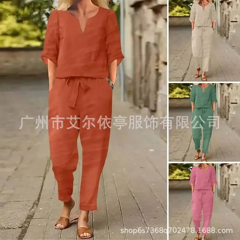 

2024 New Women's Cotton Linen Summer Set with Short Sleeves V-neck Oversized Coat and Wide Leg Pants