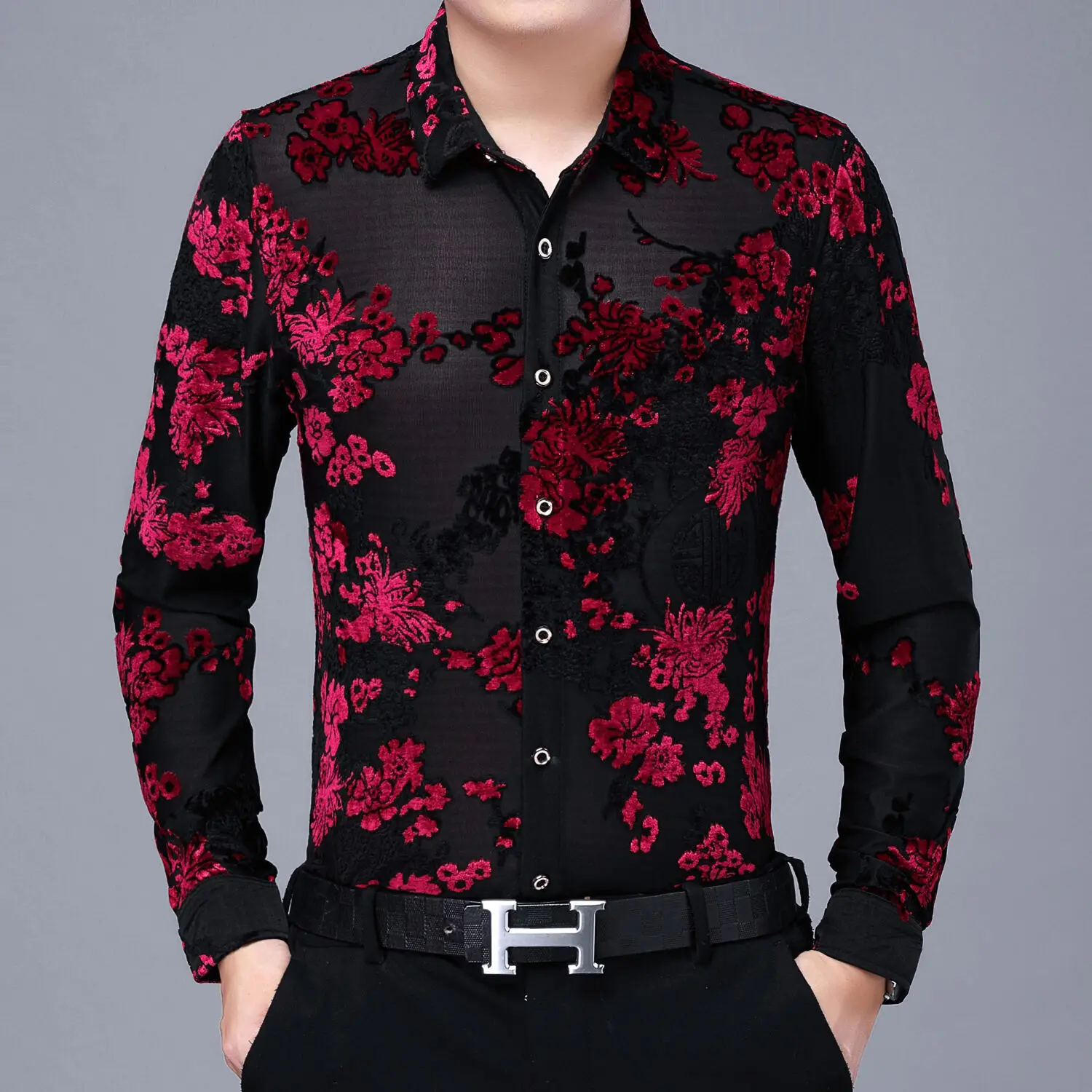 High Quality Mens Floral Shirt 2021 Long Sleeve Slim Velvet Shirt Men Clothing Camisa Business Party Prom Red Blue Flower Shirt