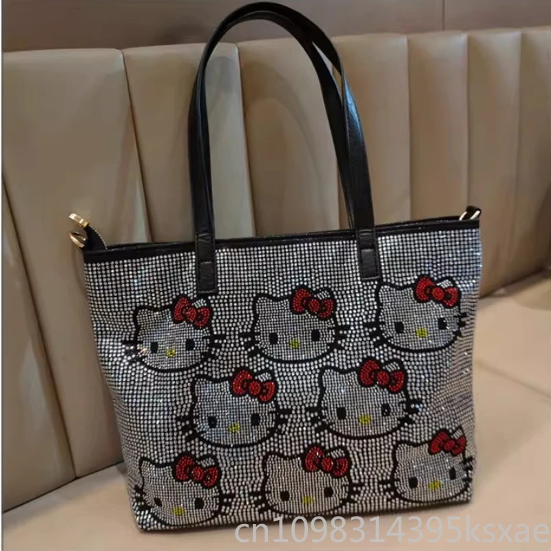 

Hello Kitty Luxury Handbag with Rhinestones Purse for Women Genuine Leather New Casual Large Capacity Shining Cute Tote Bag