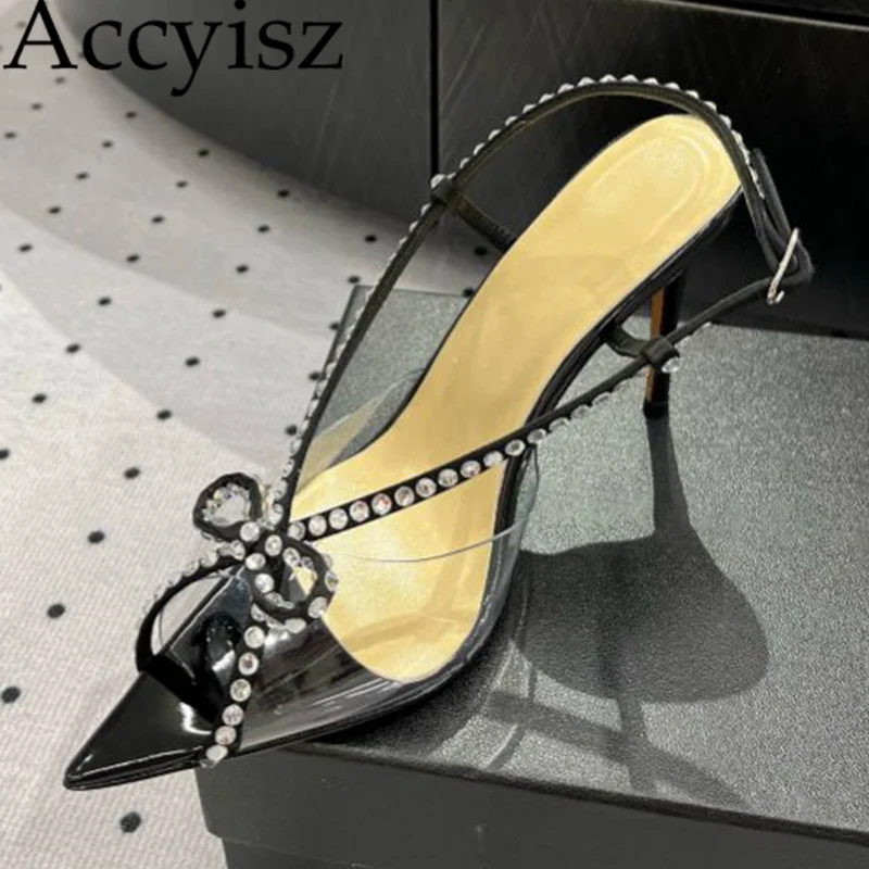 

New Summer Pvc Pointed Crystal Bow Back Strap Sandals Women's Solid Color Slim Heel Versatile Sandalias Sexy Party Dress Shoes