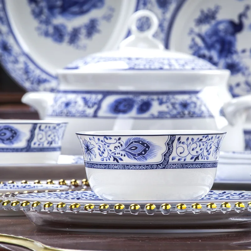 60 pieces of Chinese blue and white glazed bone china tableware set, Jingdezhen ceramic bowls, plates, and dishes set