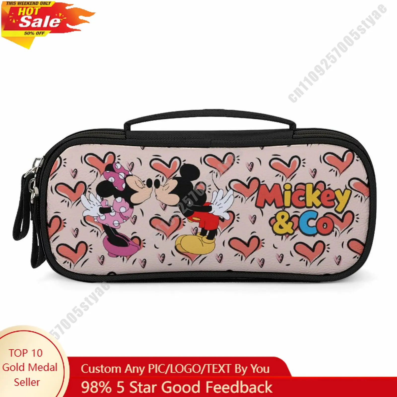 

Mickey Minnie Mouse Pencil Case Disney Cartoon Custom Photos Logos Portable PU Multi Layer Large Storage Makeup Cosmetic Bag