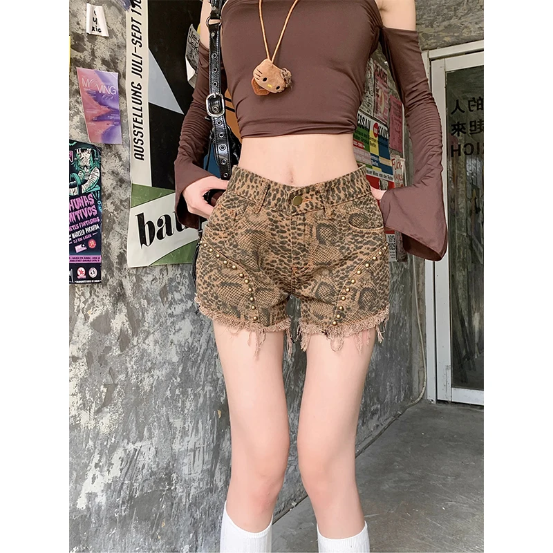 Women'S Leopard Denim Shorts Vintage Y2k 90s Streetwear Harajuku Mini Jeans Shorts Cowboy Short Pants 2000s Clothes Summer 2024