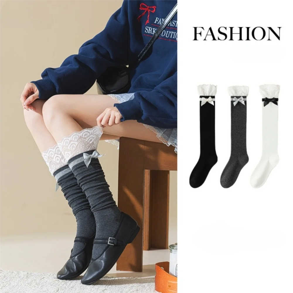 

Новые длинные носки с кружевом и рюшами, кавайные чулки с лентой и бантом, теплые носки в студенческом стиле, осень-зима