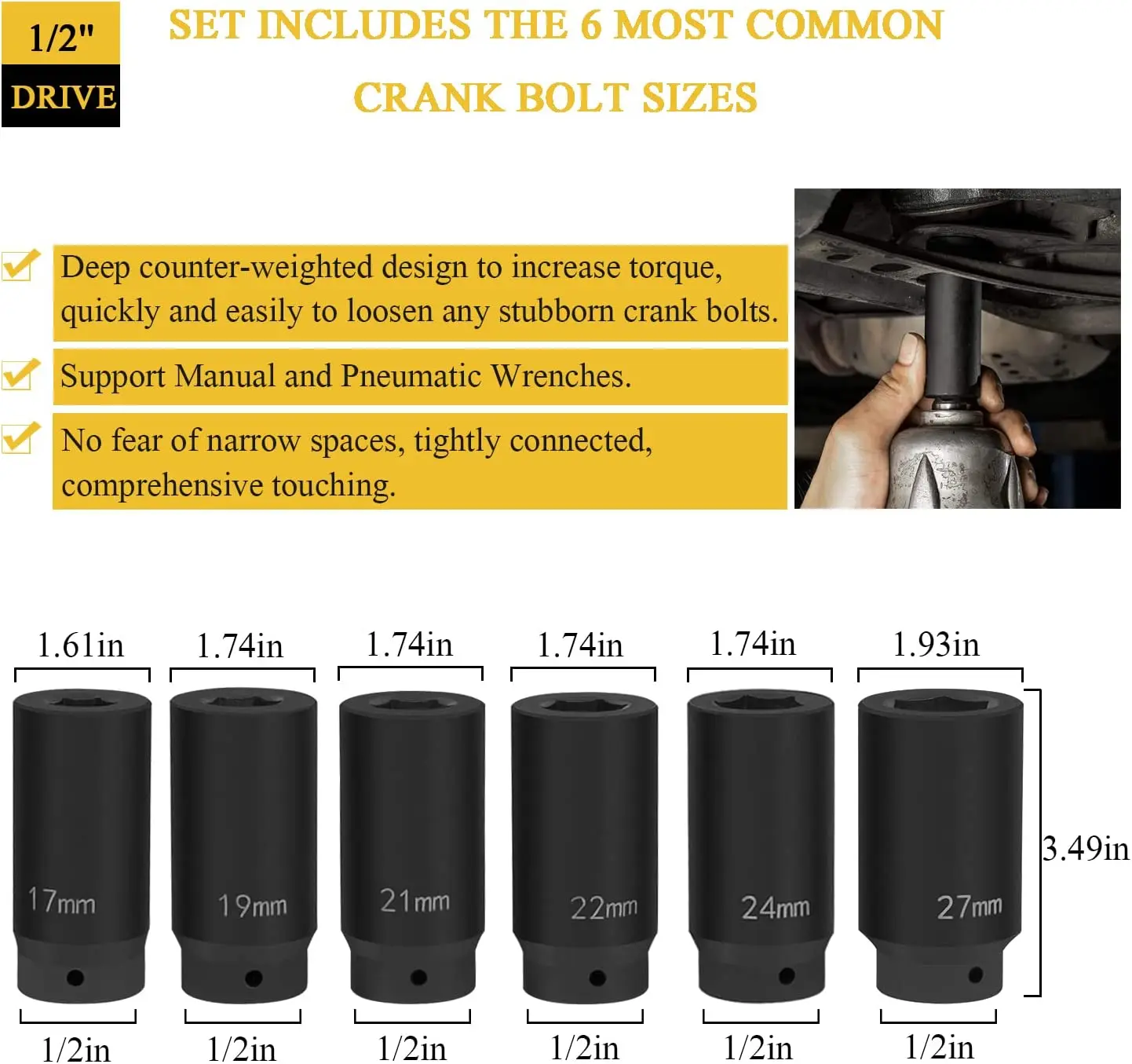 TM 6pcs/set Crank Bolt Socket Set 17/19/21/22/24/27MM Harmonic Balancer Socket Set 1/2\