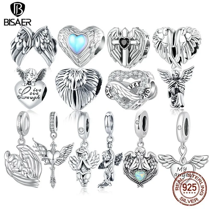 BISAER 925 Sterling Silver Angel God Charms Wings Beads Heart Cupid Belief Pendant Fit Women Bracelet Necklace DIY Fine Jewelry