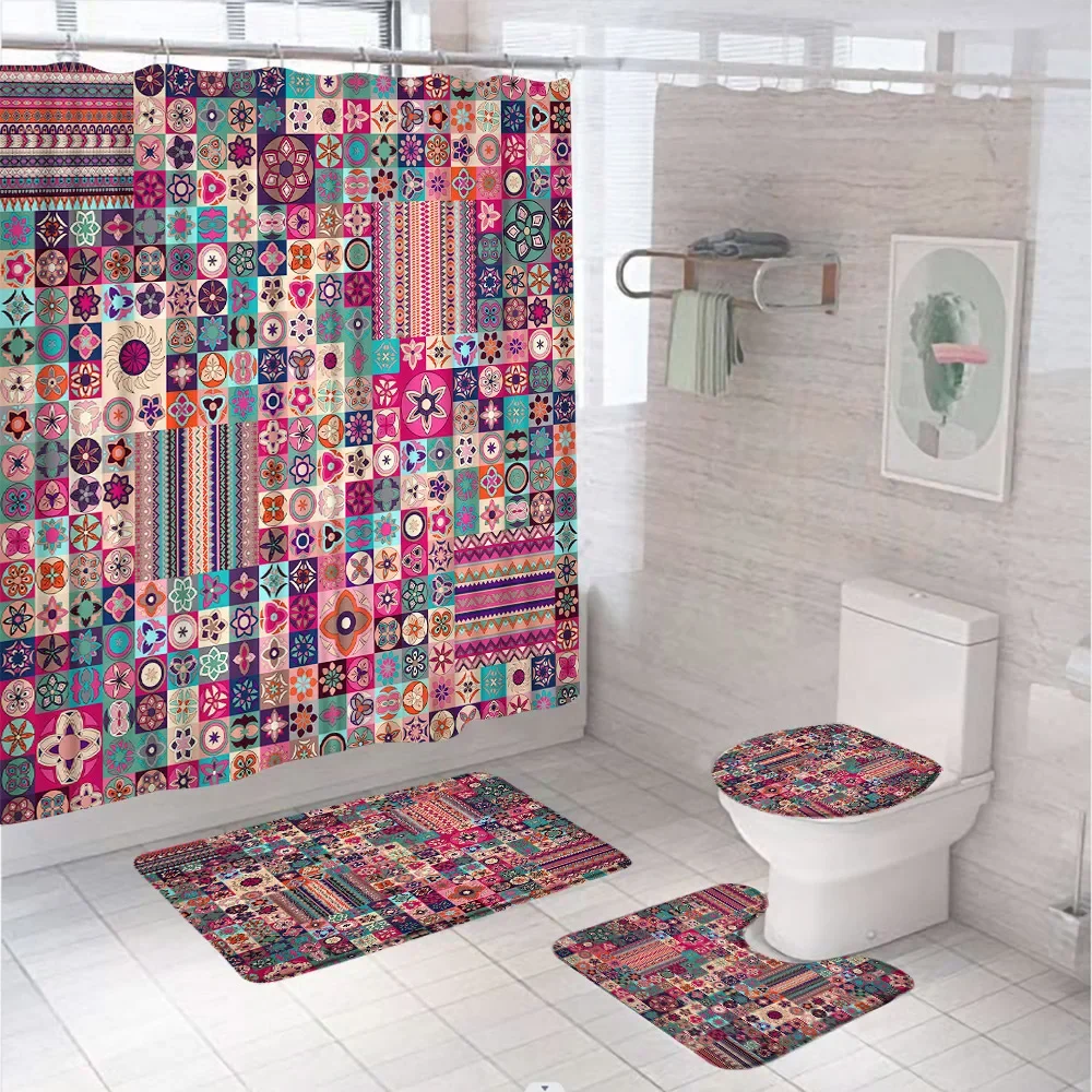 Ethnic Tribes Bohemia Shower Curtain Set Mandala Flower Geometric Bathroom Curtains Non-Slip Bath Mat Rug Lid Toilet Cover Home