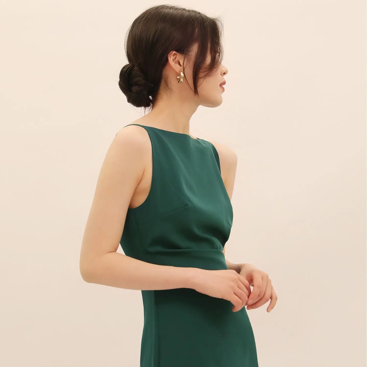 Medium And Long Style Style One-line Collar Pleated Waist Split Straight Dress Women\'s 2023 Spring And Summer Green Dress