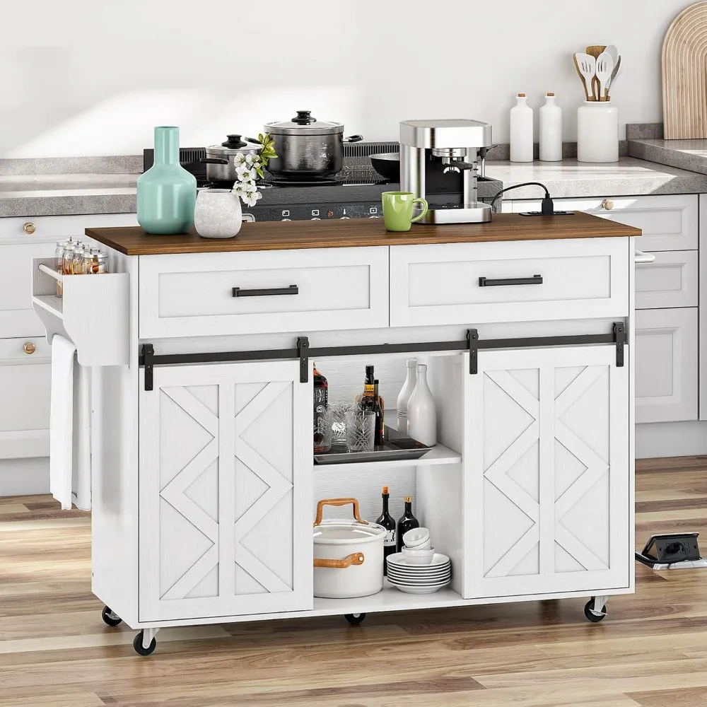 

Kitchen Island with Storage, Rolling Kitchen Island with Sliding Barn Doors, Island Table with Power Outlet, 2 Drawers, T