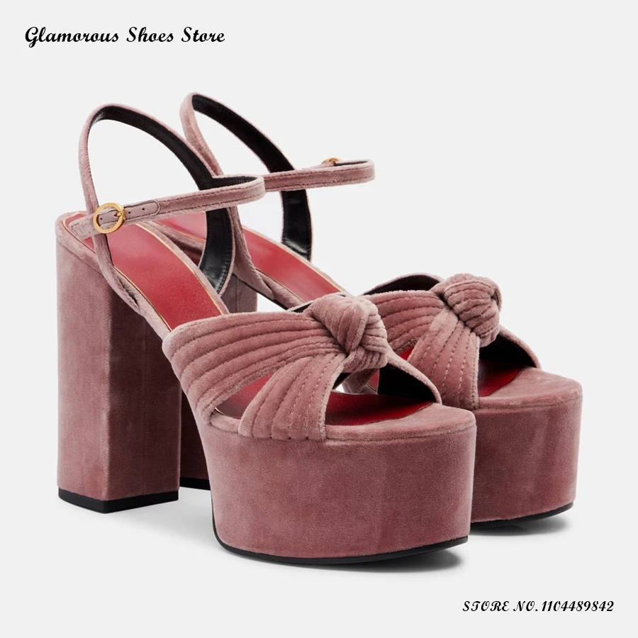 

Knotted Velvet Platform Sandals Women's Round Open Toe Chunky Heel Party Dress Shoes Spring Summer Buckle Strap High Heels