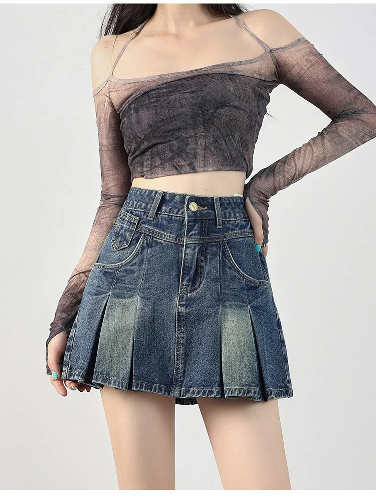 Retro Pleated High Waist Denim  Skirt Women's Summer New plus Size A-Line Half Body Skirt Pear Shape Slimming Effect