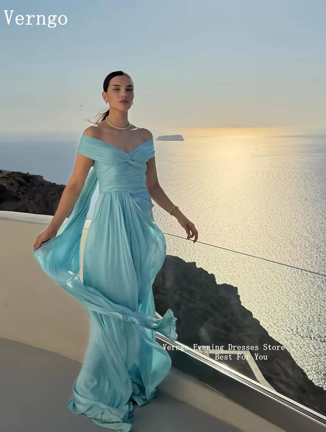 Verngo Turquoise Flowing Chiffon Evening Dress Off The Shoulder A Line Prom Gown Pleated Elegant Beach Party Dresses Customized 6