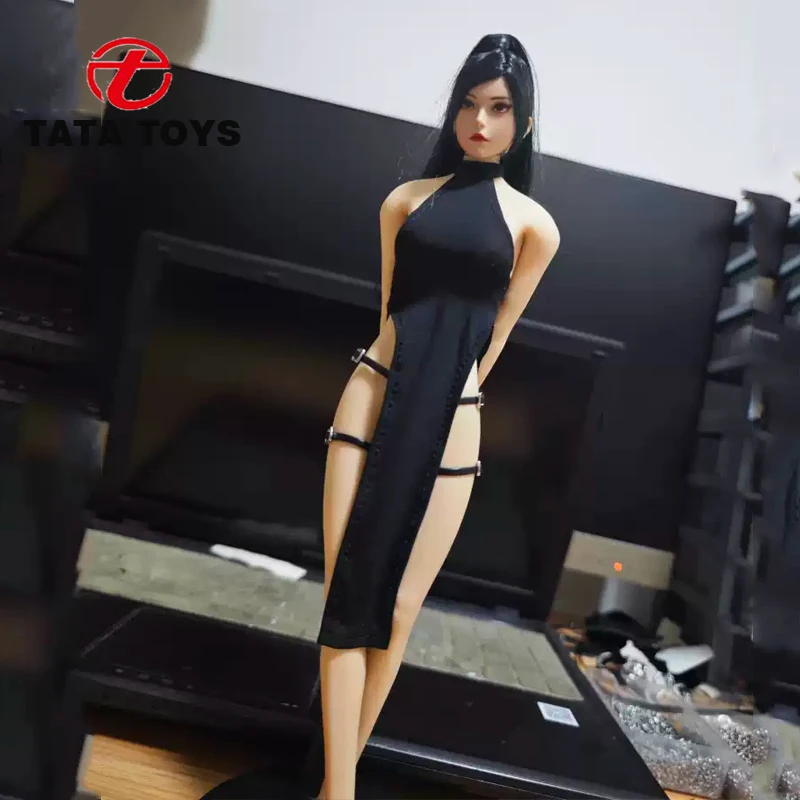 Farbige weibliche Puppen im Maßstab 1:6, Cheongsam schwarz ‌ Ausgehöhlt ‌   Kleidergürtel-Set passend für 12'' Actionfigur-Körpermodell