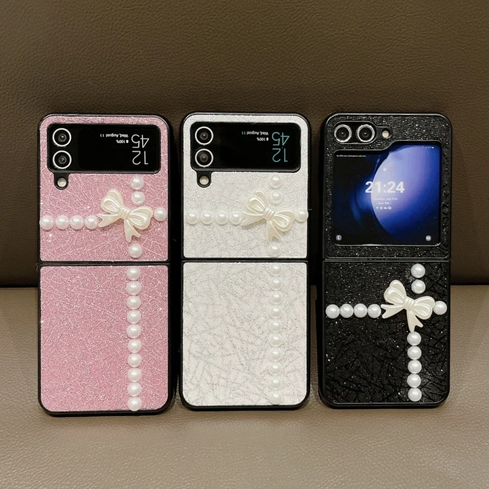 Luxury Pearl Butterfly Glitter Phone Cases for Samsung Galaxy Z Flip 5 4 5G 3 Case Flip5 Flip4 Flip3 Frame Shockproof Hard Cover