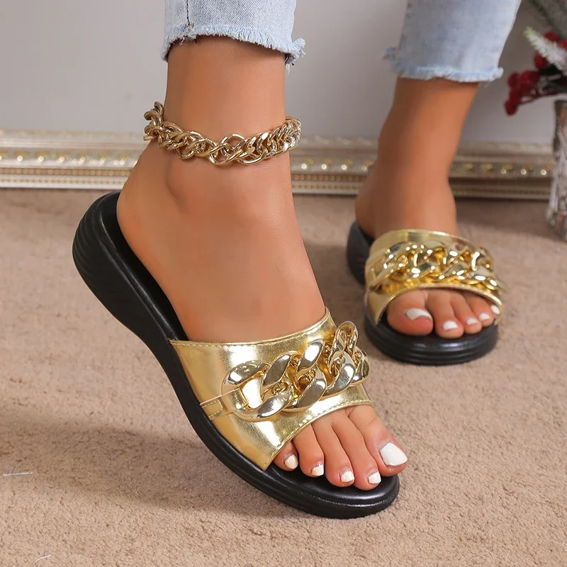 Slippers Chain Decor Summer Beach Muffin Wedges Women Sandals Platform Gladiator Female Shoes Footwear Mujer Graffiti Summer