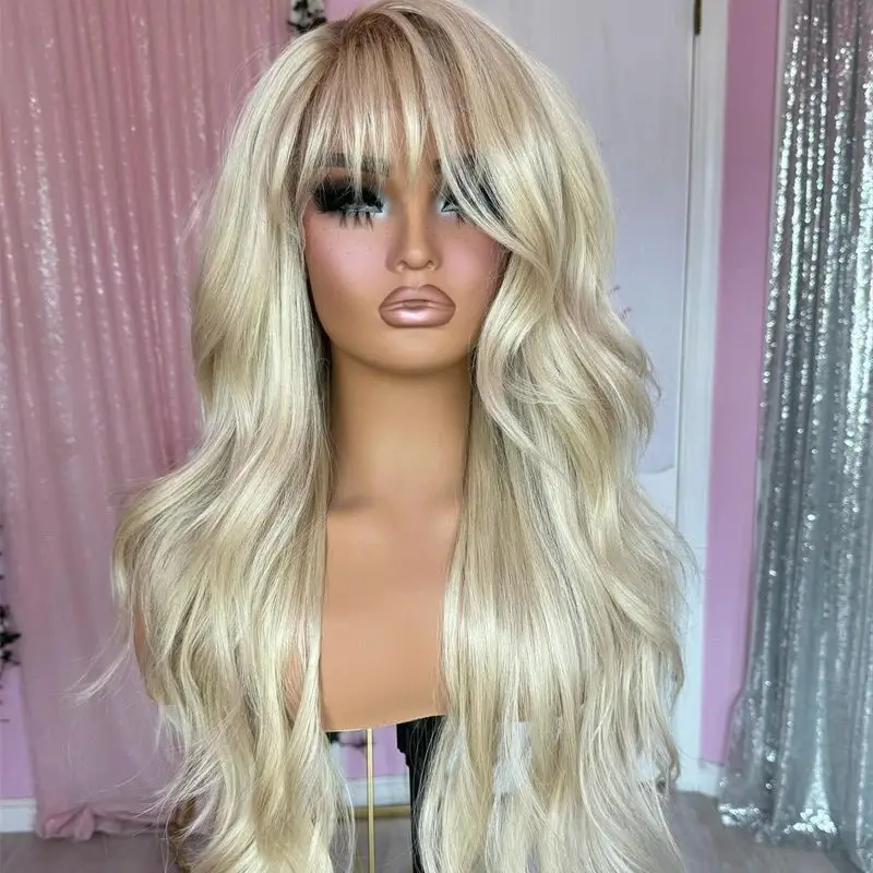 Ombre Icy Blonde Loose Wave HD Transparent Lace Front Wig With Bangs Realistic Hairline Wig For Women High Density Daily/Cosplay