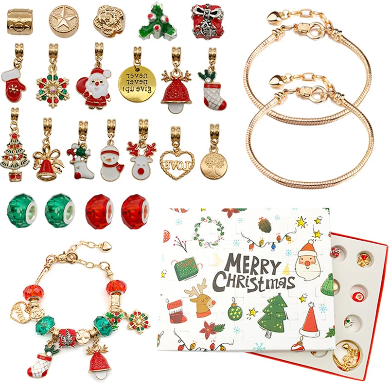24PCS Necklace Pendant Christmas Countdown Advent Calendar Blind Box Christmas Themed DIY Bracelet Christmas Surprise Gift Box