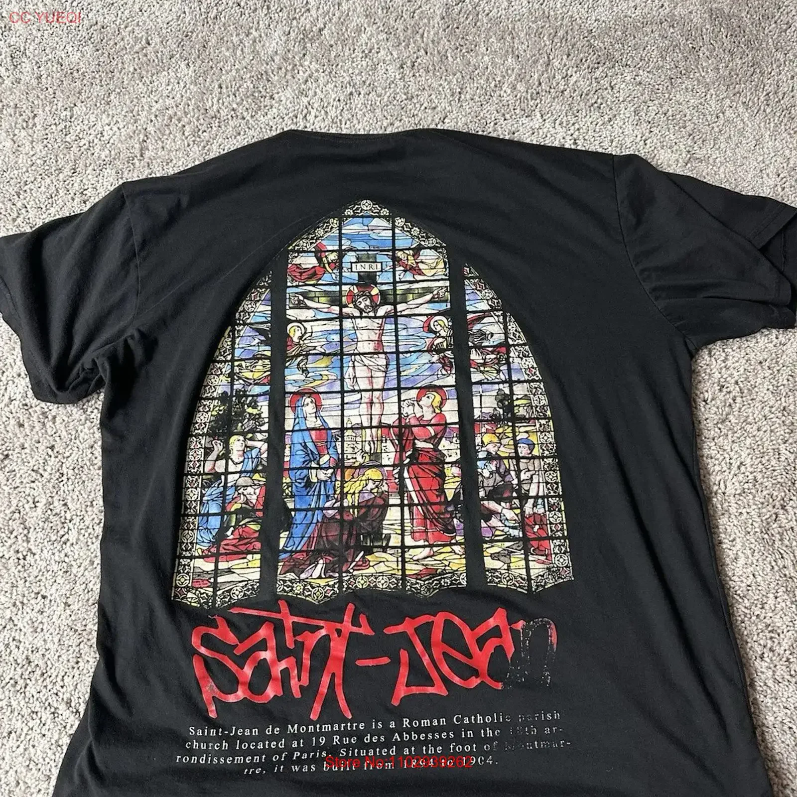 Camiseta negra 2XL con estampado de Jesús en vitral de 2 Monkeys Saint Jean Montmartre, estilo vintage lavado, ligeramente desgastado, ropa de diseñador de moda, unisex.