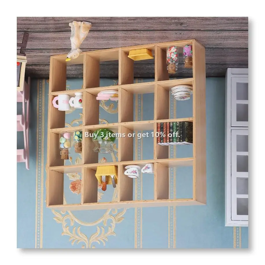 ◉1: 12 Dollhouse Miniature Wooden Storage Rack 16 Grid Shelves Doll House Wall Rack Bookshelf Display Accessories