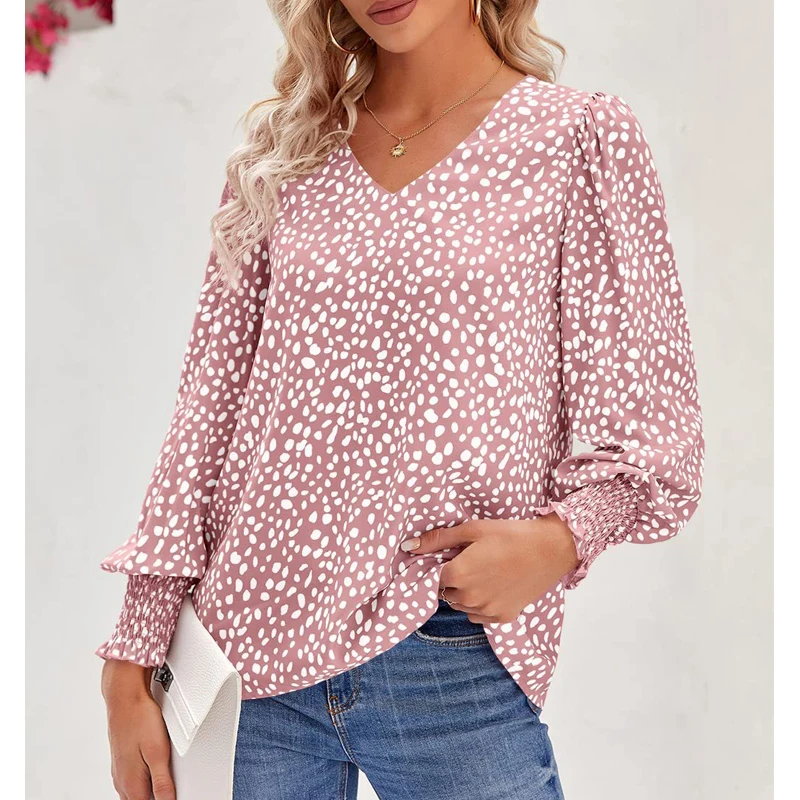 Women Dot Print V Neck Elegant Blouses Autumn Office Lady Long Sleeve Casual Shirts Loose Streetwear Tops Blusa Mujer Moda 2023