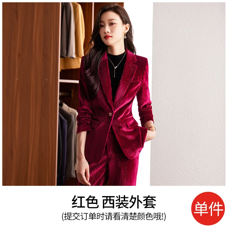 Corduroy Red Suit Jacket for Women Business Suit Autumn and Winter New Elegance Retro High-Grade Suit Overalls