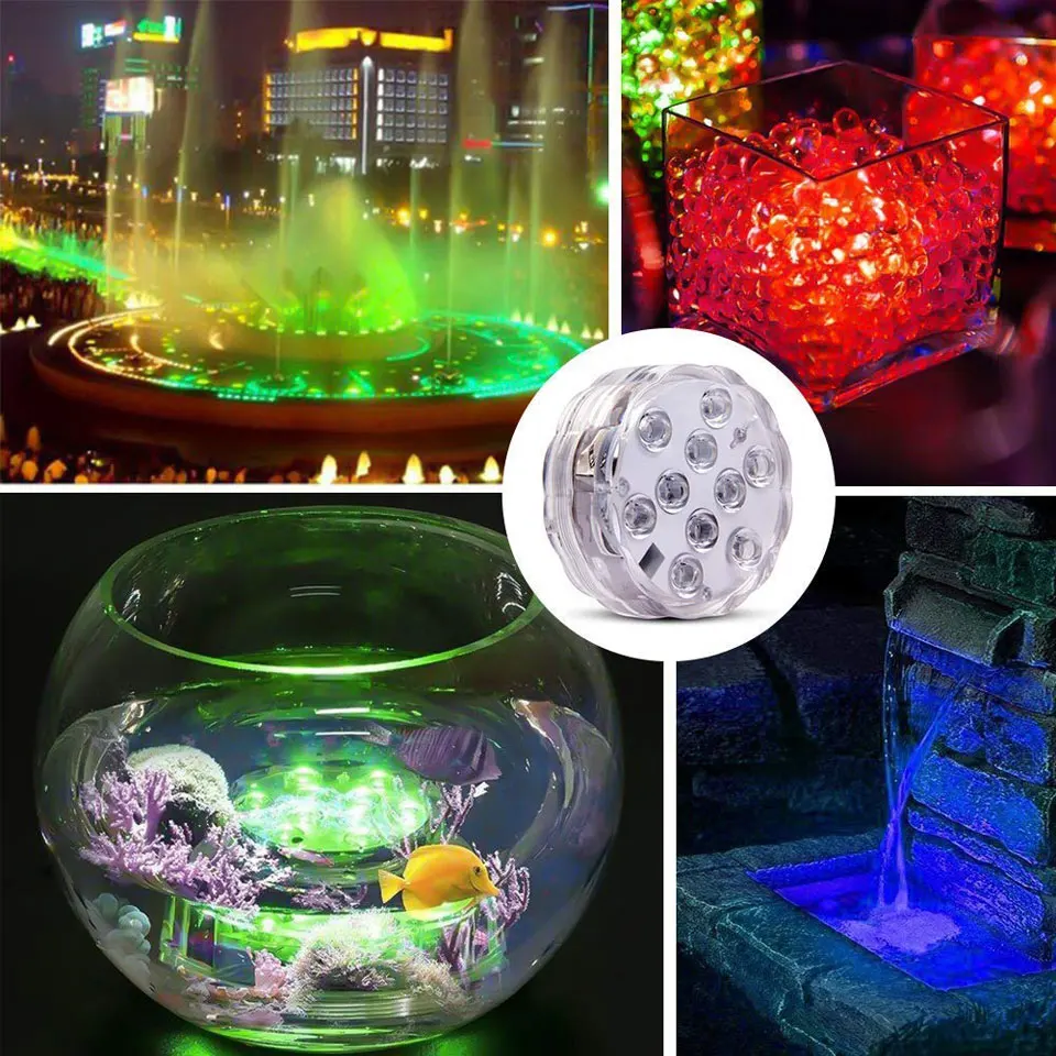 RGB 10leds Submersible Light Underwater Light Battery Operated Garden Swimming Pool Night Lamp for Wedding Party Vase Bowl Decor