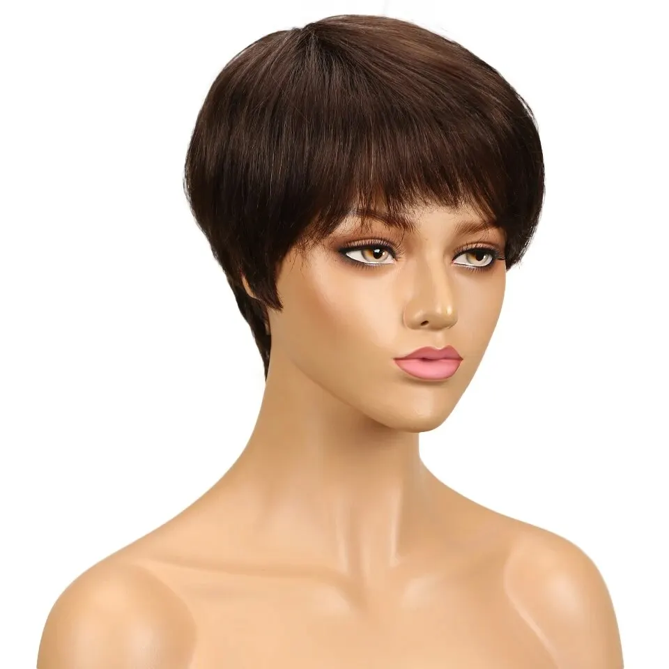 Brown #4 Colored Short Straight Bob Short Pixie Cut Human Hair Wig With Bangs For Women Glueless Brazilian Remy Hair Non Lace