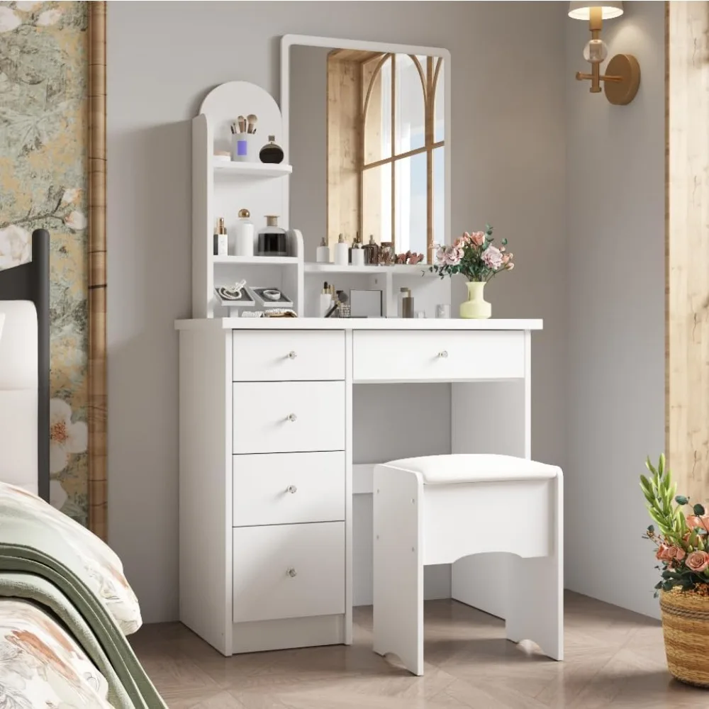 

Make up Vanity Desk with Sliding Mirror,Vanity Set with Chair,Storage Drawers,Shelves & Cushion Stool,Makeup Dressing Table