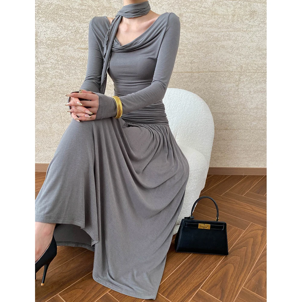 2024 New 65% Cotton And 30% Acrylic Material Autumn Women Long Dress Lace Up Neck Design Long Sleeve Slim Women Maxi Dress