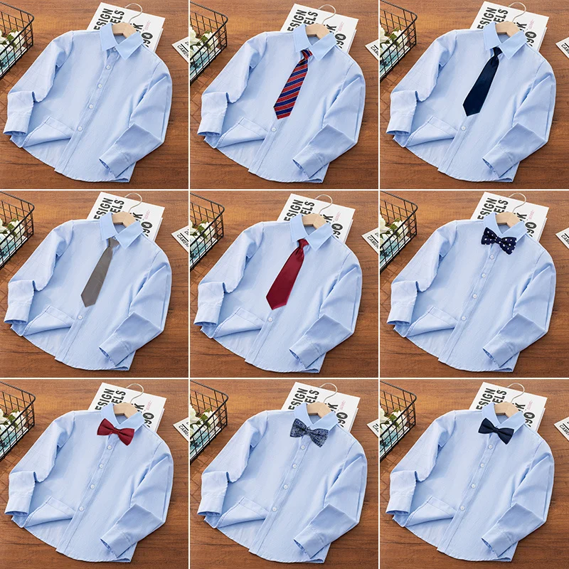 

Teenager Boy Formal Shirts With Ties junior Kids Wedding Party Clothes Child Blue Shirt with Bow baby Blouse 4 5 7 9 11 13 14 15