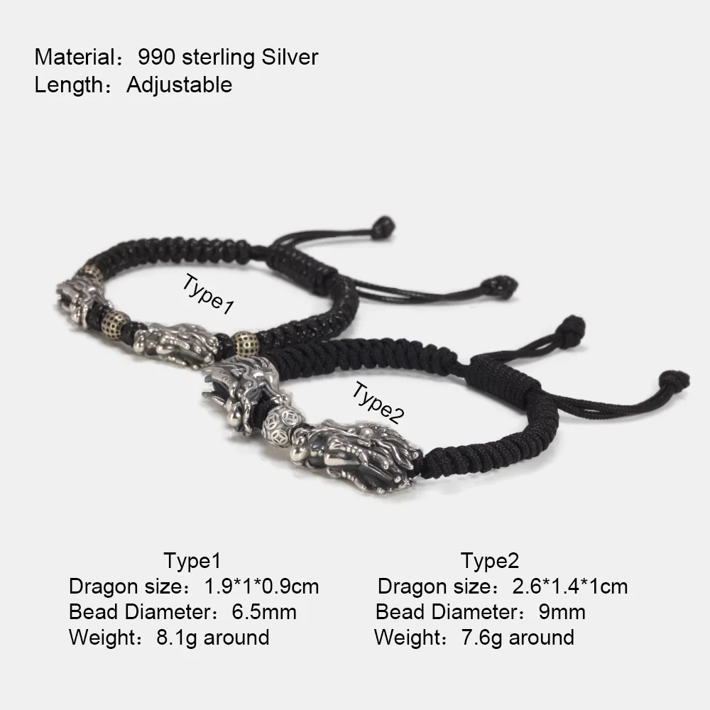 Sterling Silver 999 3D Double Dragon Head Bracelet for Men and Women Pure Handwoven Lucky Rope Bracelet Chinese Knot Jewelry