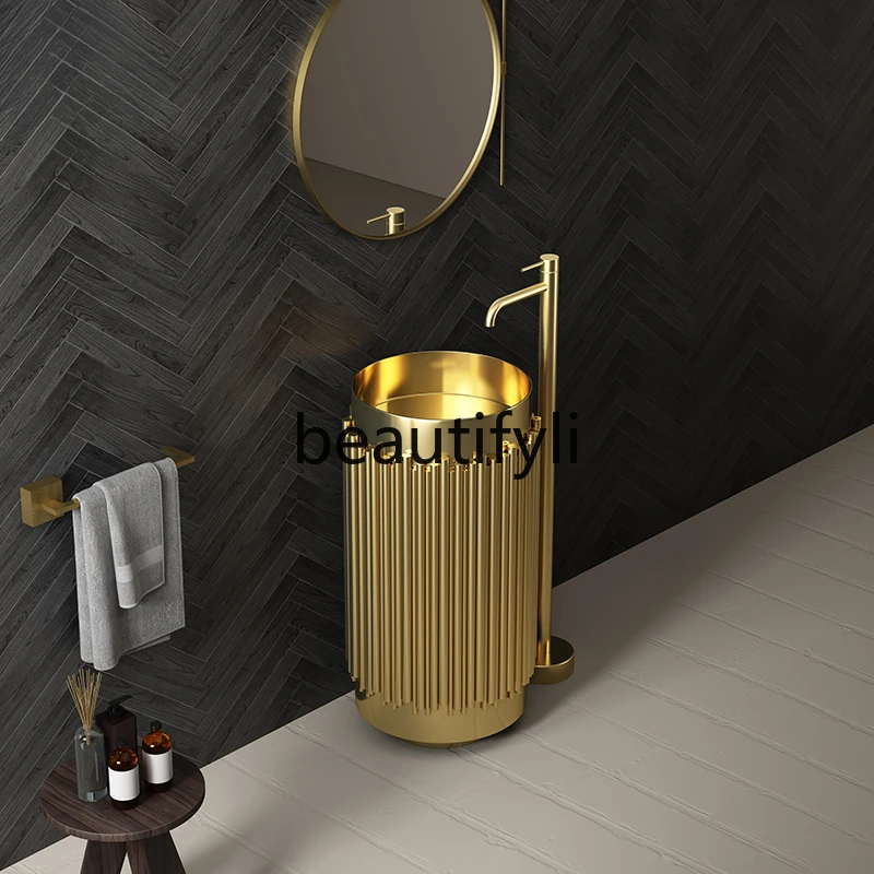 Light luxury gold stainless steel column type wash basin integrated floor bathroom